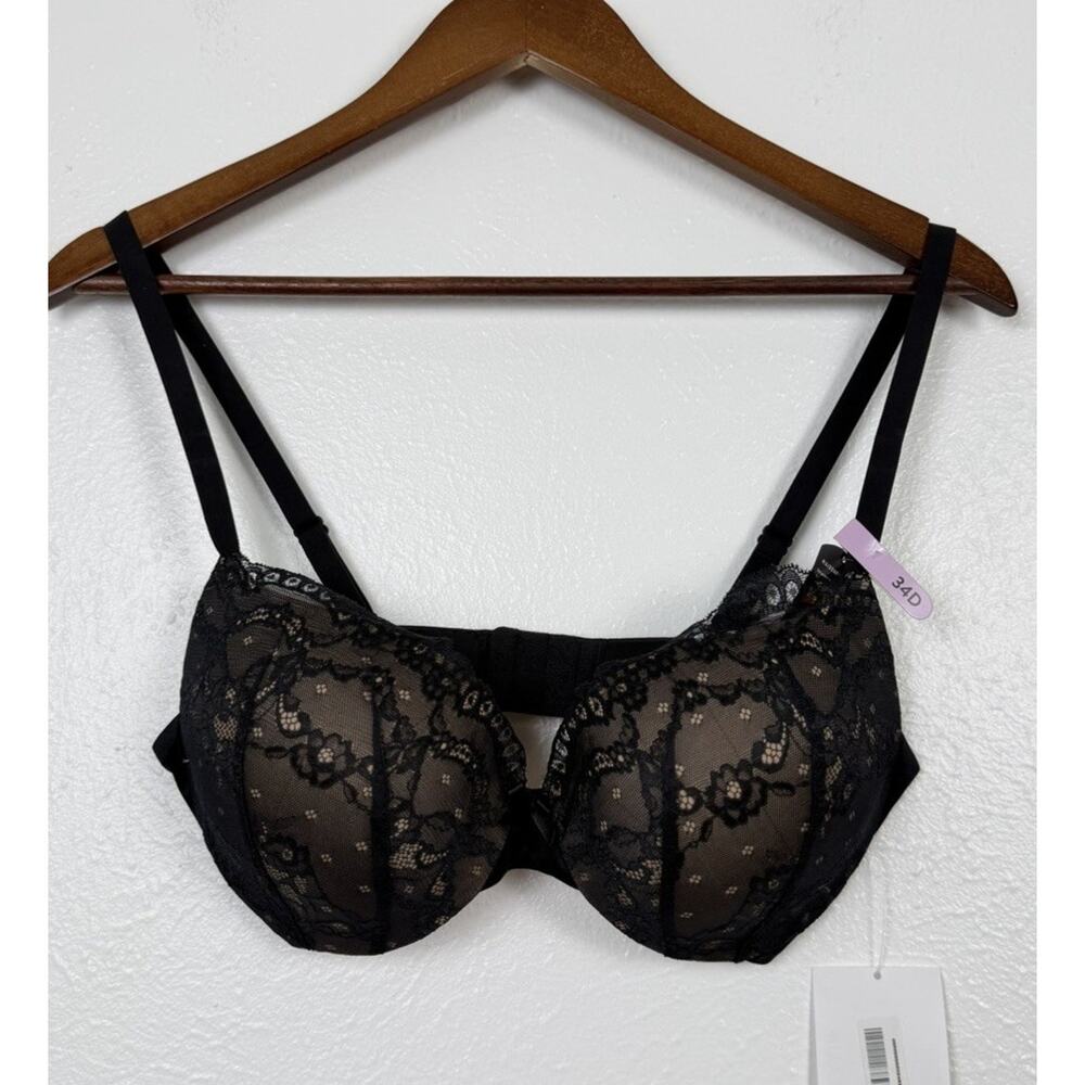 MWT Maidenform Wonder-bra Push Up Plunge Lace Bra Black Nude 34D Sexy Lingerie